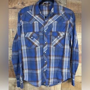Arizona Plaid Pearl Snap Shirt Men's Small Blue/Brown Western Shirt
